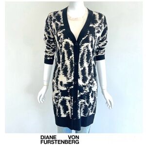 DIANE VON FURSTENBERG Abstract Black Cream Knit Wool Button Long Cardigan Sz S